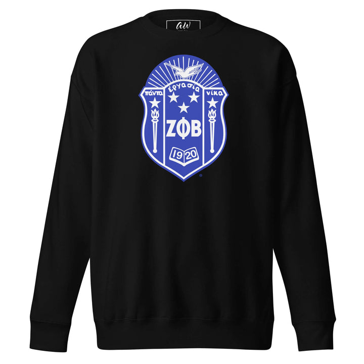 Zeta Phi Beta Classic Crest sweatshirt in black, showcasing vibrant blue logo; perfect sorority paraphernalia for stylish streetwear.