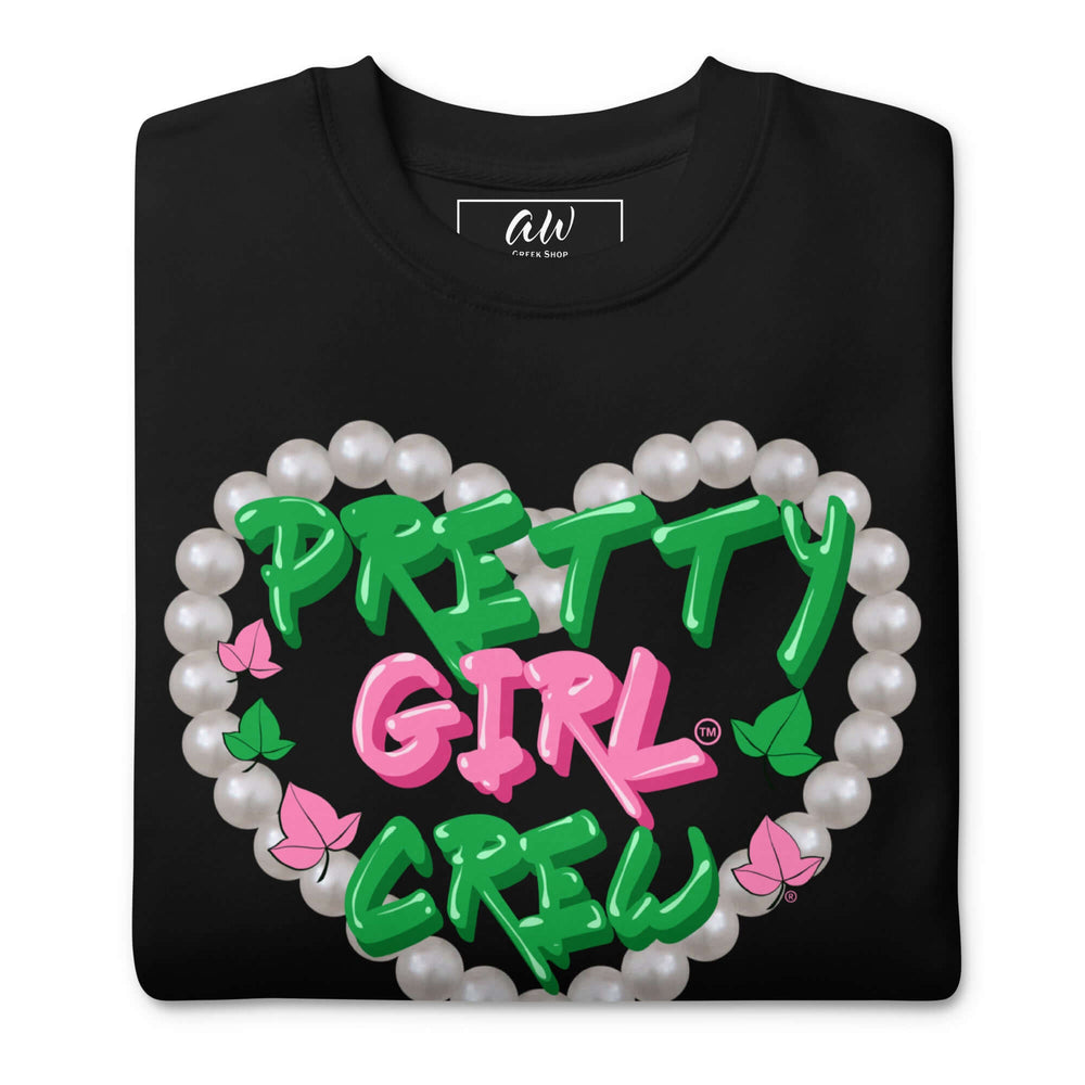 Pretty Girl Crew sweatshirt in black with colorful heart design, perfect sorority and fraternity Greek gear.