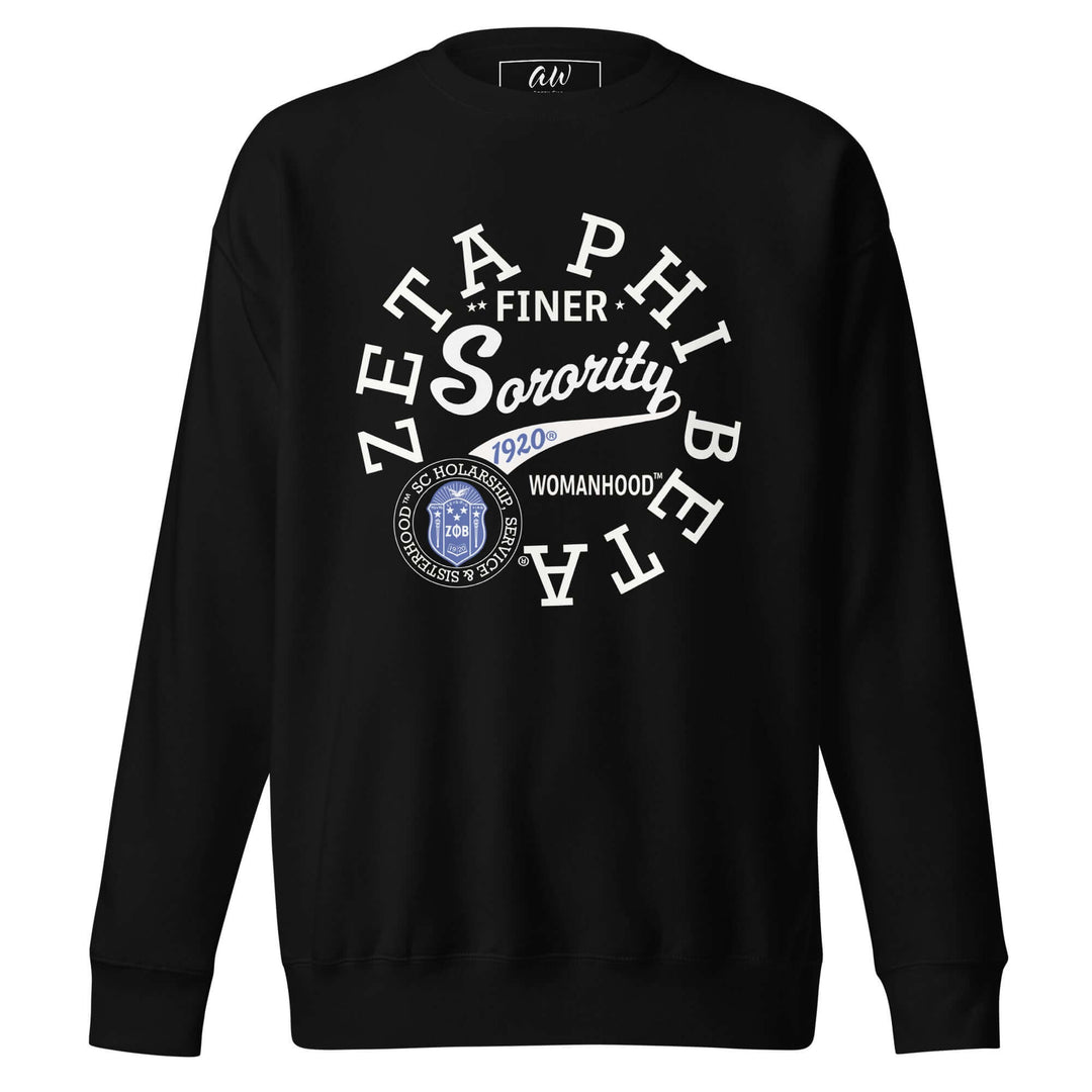 Zeta Phi Beta Sorority sweatshirt in black, featuring vintage athletic design and Greek lettering. Perfect sorority paraphernalia.