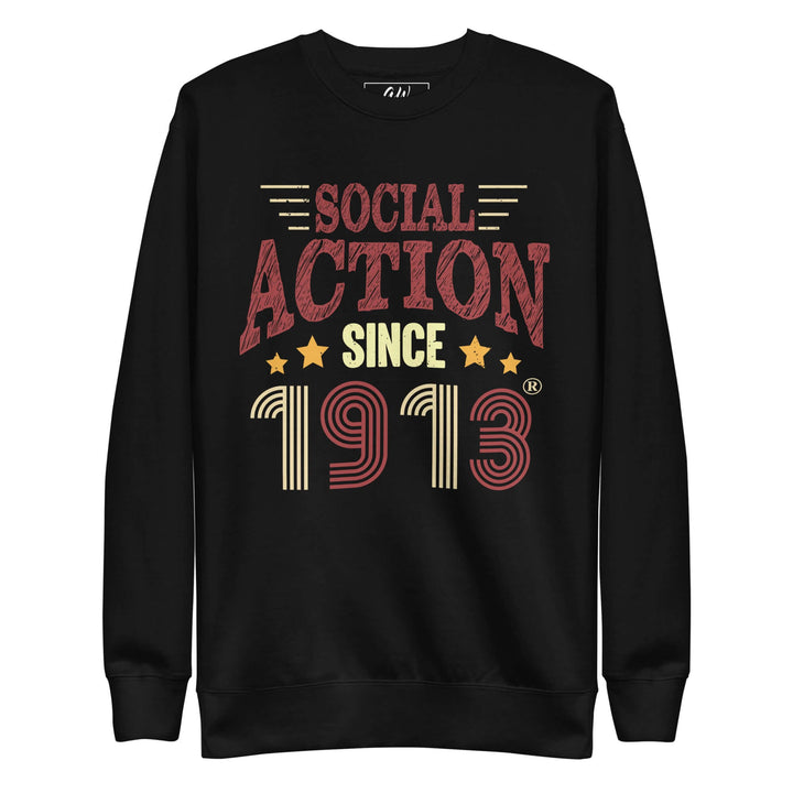 Delta Retro Social Action Sweatshirt featuring bold text and stars, perfect for sorority and fraternity Greek gear.