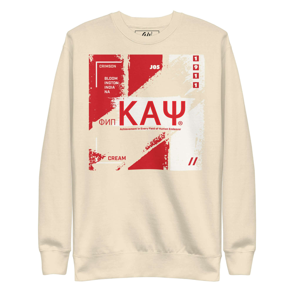 Kappa Alpha Psi cream sweatshirt featuring bold crimson graphics, perfect for sorority and fraternity paraphernalia.