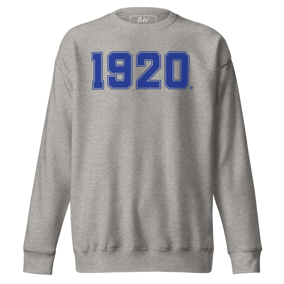Zeta Phi Beta 1920 Sweatshirt in gray with blue lettering, perfect for sorority and fraternity paraphernalia and Greek gear.