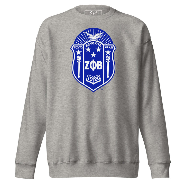Zeta Phi Beta classic crest sweatshirt in gray featuring vibrant blue logo, perfect for sorority streetwear.