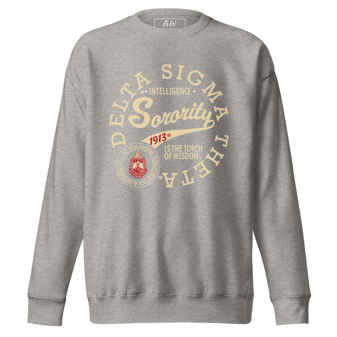 Delta Sigma Theta Sorority sweatshirt featuring retro design, perfect for sorority paraphernalia and Greek gear. Comfortable fleece style.
