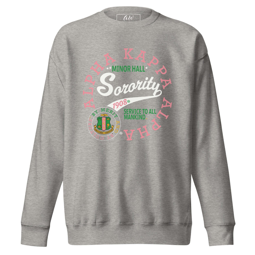 Vintage Alpha Kappa Alpha sorority sweatshirt in gray, showcasing Greek gear with vibrant colors and official emblems.