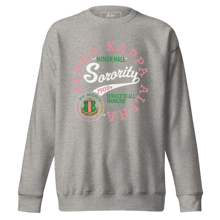 Vintage Alpha Kappa Alpha sorority sweatshirt in gray, showcasing Greek gear with vibrant colors and official emblems.
