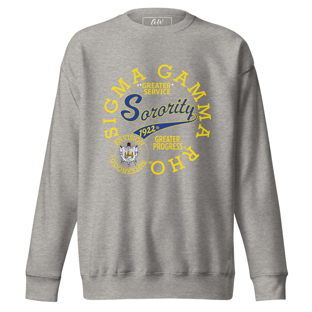 SGRho retro sweatshirt in gray with Sigma Gamma Rho sorority graphic and prominent lettering on the front.
