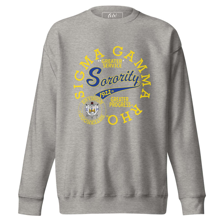 SGRho retro sweatshirt in gray with Sigma Gamma Rho sorority graphic and prominent lettering on the front.