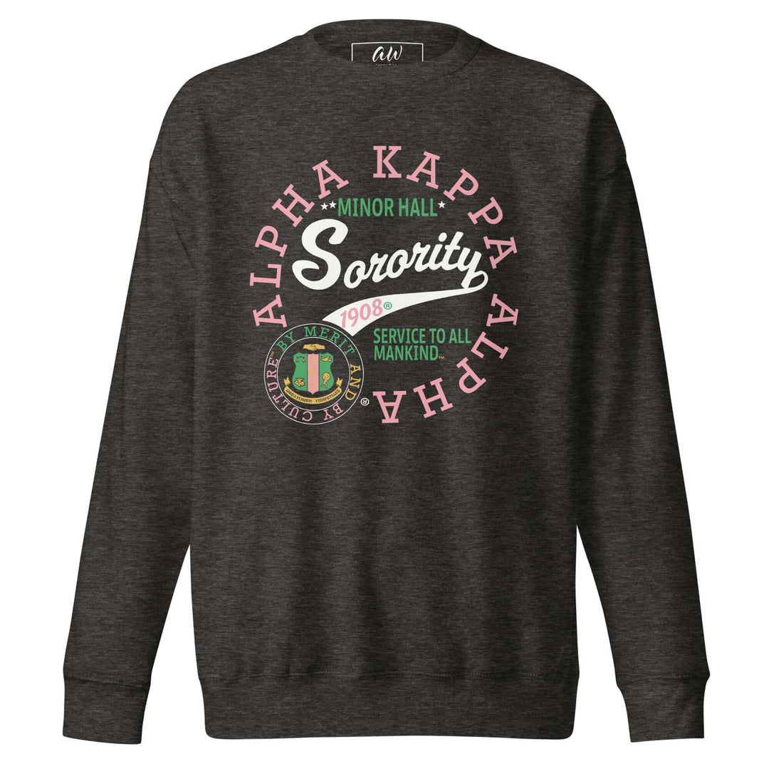 Vintage Alpha Kappa Alpha sorority sweatshirt in charcoal heather, perfect for Greek gear and fraternity paraphernalia.