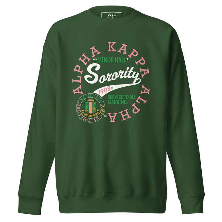Green vintage Alpha Kappa Alpha sorority sweatshirt featuring a classic design and Greek gear style. Perfect for fraternity paraphernalia.