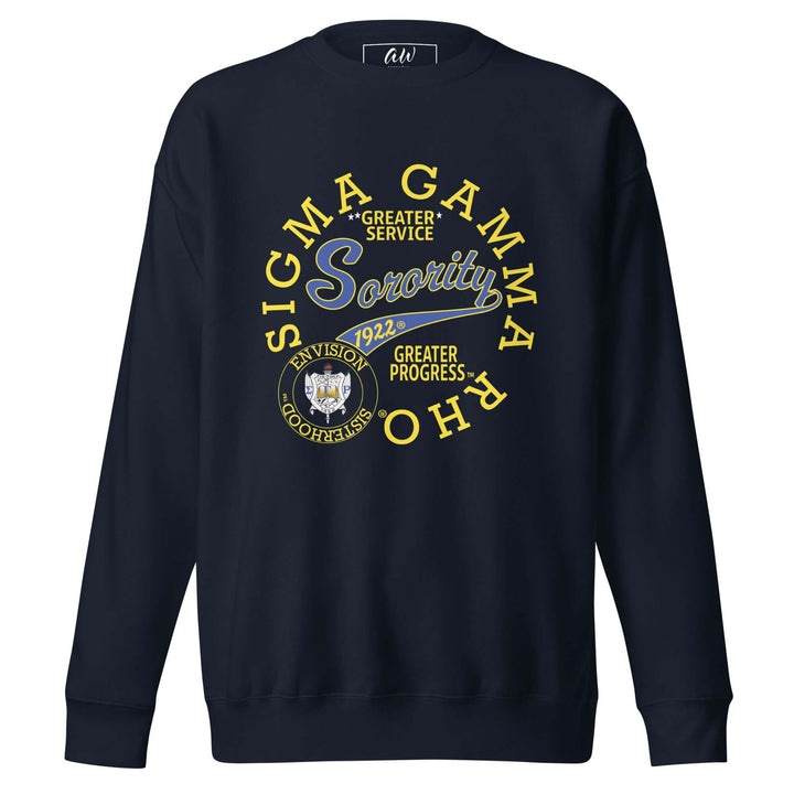 Sigma Gamma Rho retro sweatshirt showcasing sorority pride with vibrant graphics in navy blue. Perfect Greek gear for any event.