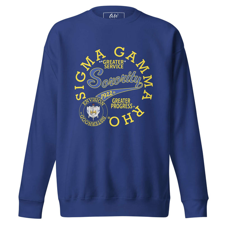 Sigma Gamma Rho retro sweatshirt in blue featuring sorority branding and classic design, perfect for Greek gear enthusiasts.