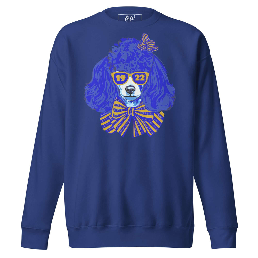SGRho Poodle sweatshirt featuring a stylish dog graphic, perfect sorority paraphernalia for Greek gear enthusiasts.
