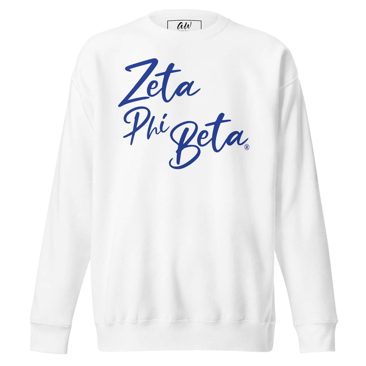Zeta Phi Beta scripted sweatshirt in white, perfect for sorority and fraternity streetwear, featuring a cozy fit and stylish design.