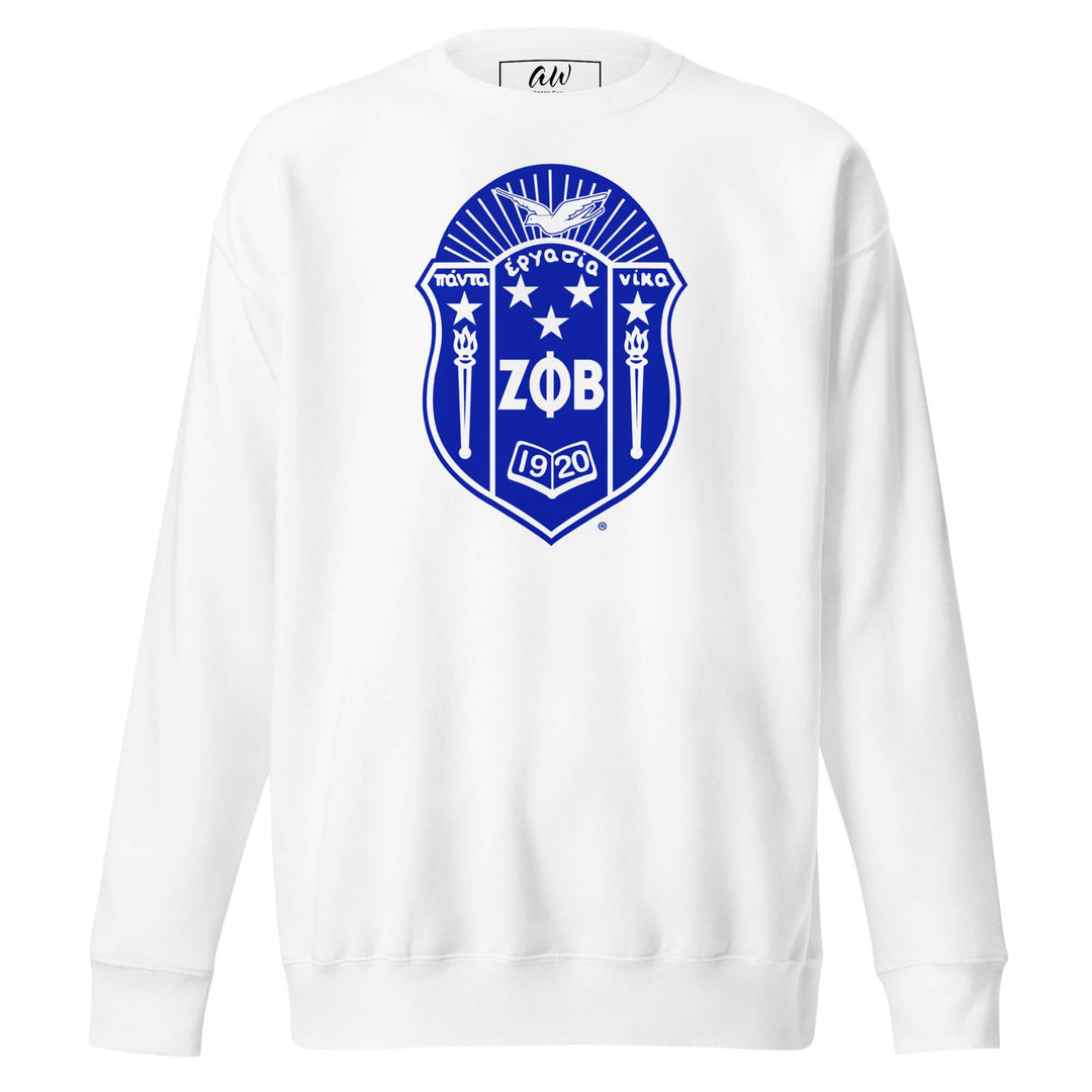 Zeta Phi Beta Classic Crest Sweatshirt in white with blue logo, perfect for sorority and fraternity Greek gear enthusiasts.