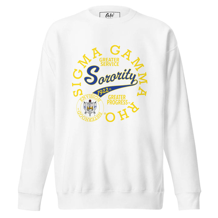 Sigma Gamma Rho Sorority retro sweatshirt in white, featuring vibrant lettering and emblem, perfect Greek gear for sorority pride.