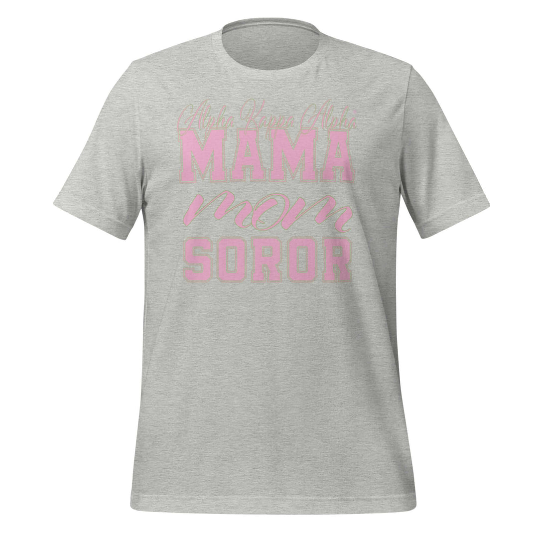 AKA Mama T-Shirt in gray, featuring stylish pink lettering, perfect sorority gear for comfortable, flattering wear.