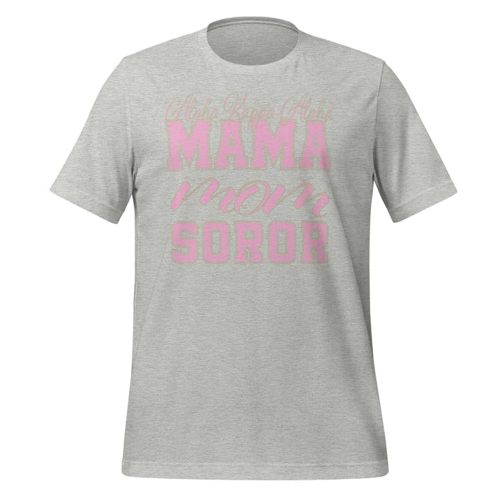 AKA Mama T-Shirt in gray, featuring stylish pink lettering, perfect sorority gear for comfortable, flattering wear.