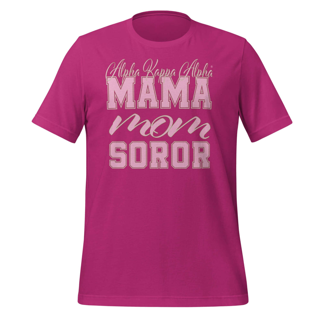 Pink AKA Mama T-Shirt featuring bold Greek letters, perfect for sorority and fraternity paraphernalia and Greek gear.