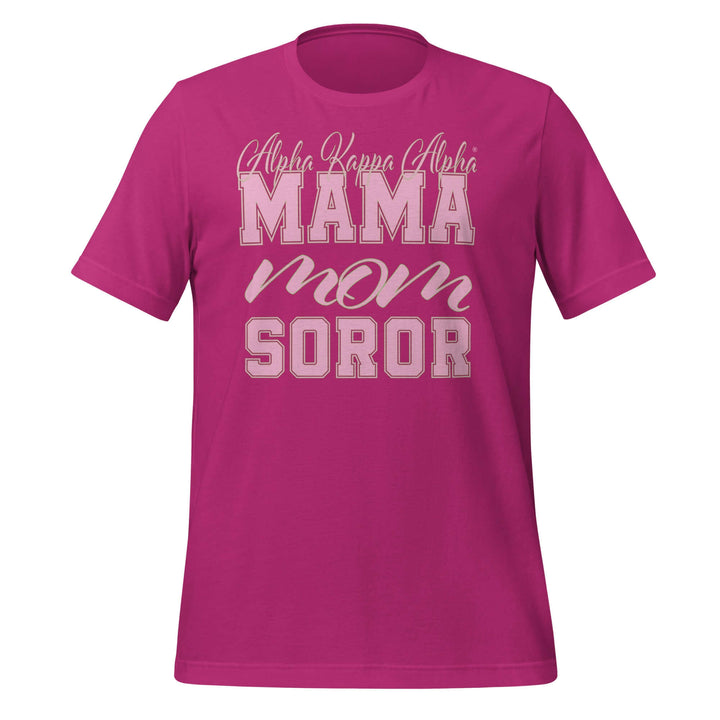 Pink AKA Mama T-Shirt featuring bold Greek letters, perfect for sorority and fraternity paraphernalia and Greek gear.