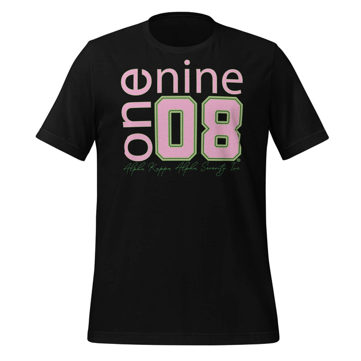 AKA One Nine 08 T-Shirt in black, celebrating Alpha Kappa Alpha Sorority with stylish Greek gear for sorority members.