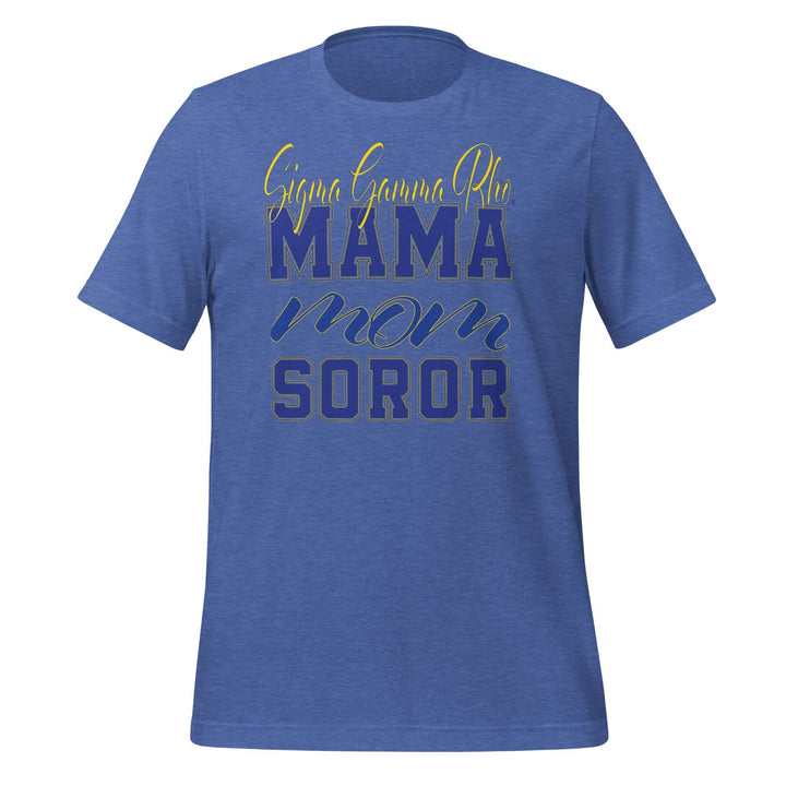 SGRho MAMA T-Shirt in blue, perfect Greek gear for sorority and fraternity proud moms, made with soft and stretchy cotton.