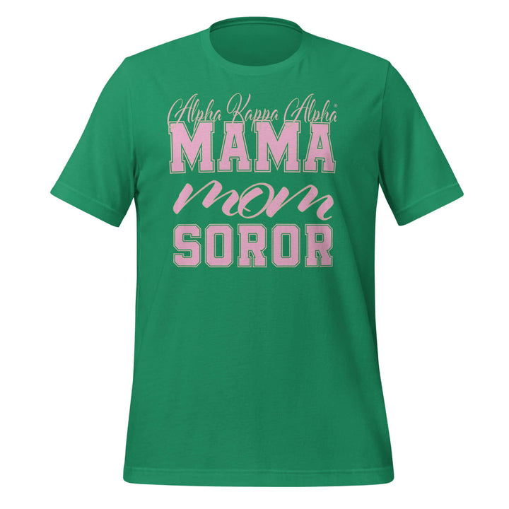 Green AKA MAMA t-shirt with stylish lettering, perfect for sorority and fraternity paraphernalia and Greek gear.