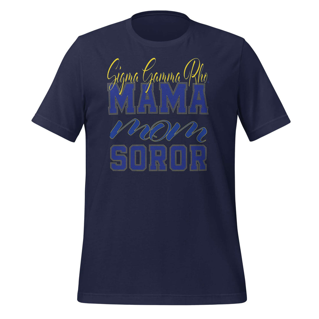 Navy SGRho MAMA T-Shirt for sorority paraphernalia, soft cotton fabric, perfect Greek gear for proud members.