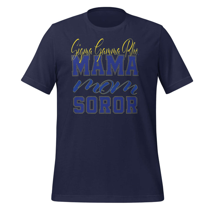 Navy SGRho MAMA T-Shirt for sorority paraphernalia, soft cotton fabric, perfect Greek gear for proud members.