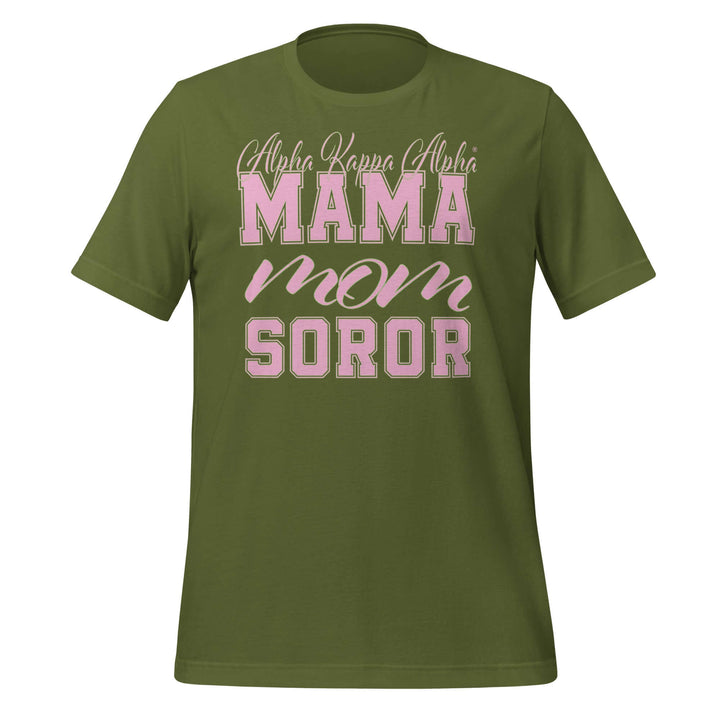 AKA Mama T-Shirt in olive green, perfect for sorority and fraternity apparel, featuring stylish pink lettering.