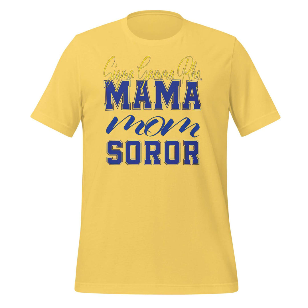 SGRho MAMA T-Shirt, lightweight yellow tee, sorority paraphernalia, stylish Greek gear for moms.