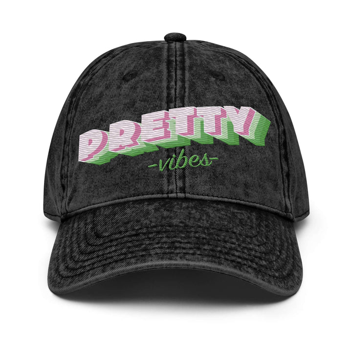 Vintage cotton twill cap with "Pretty Vibes" embroidered design, perfect sorority and fraternity paraphernalia.
