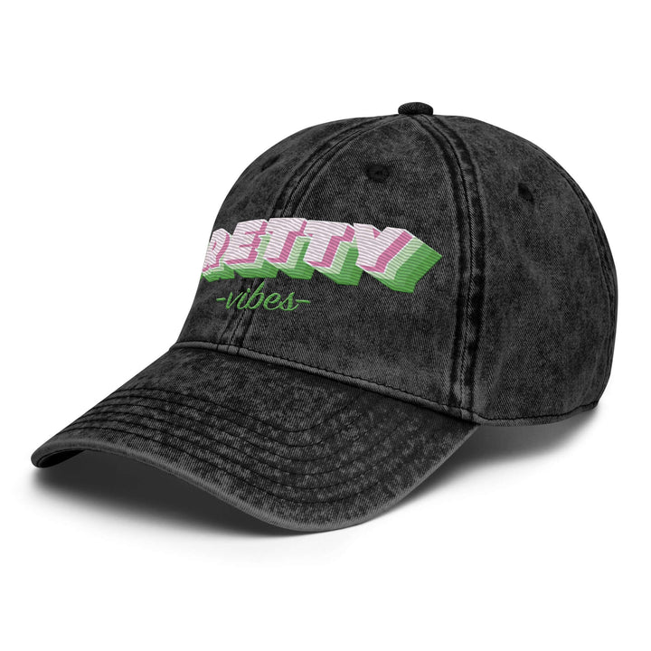 Vintage black cotton twill cap featuring "Pretty Vibes" embroidery, perfect for sorority and fraternity paraphernalia.