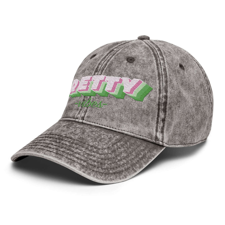 Vintage cotton twill cap with 'Pretty Vibes' embroidery, perfect for sorority and fraternity paraphernalia.