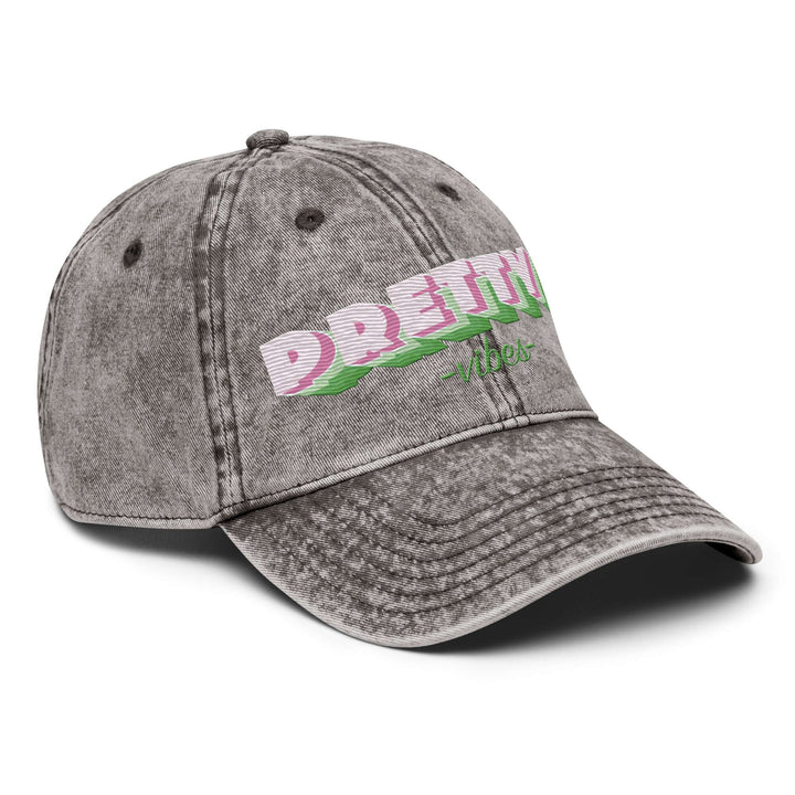 Vintage cotton twill cap with embroidered "Pretty Vibes" logo, perfect for sorority and fraternity paraphernalia.