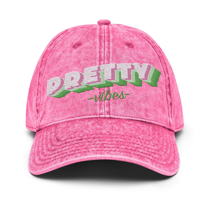 Vintage pink cotton twill cap with "Pretty Vibes" embroidery, perfect for sorority and fraternity paraphernalia.