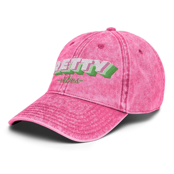 Pretty Vibes vintage pink cotton twill cap, perfect for sorority and fraternity paraphernalia and Greek gear.