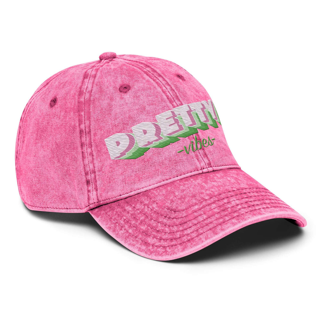 Pink vintage cotton twill cap with "Pretty Vibes" embroidery, perfect for sorority and fraternity paraphernalia.