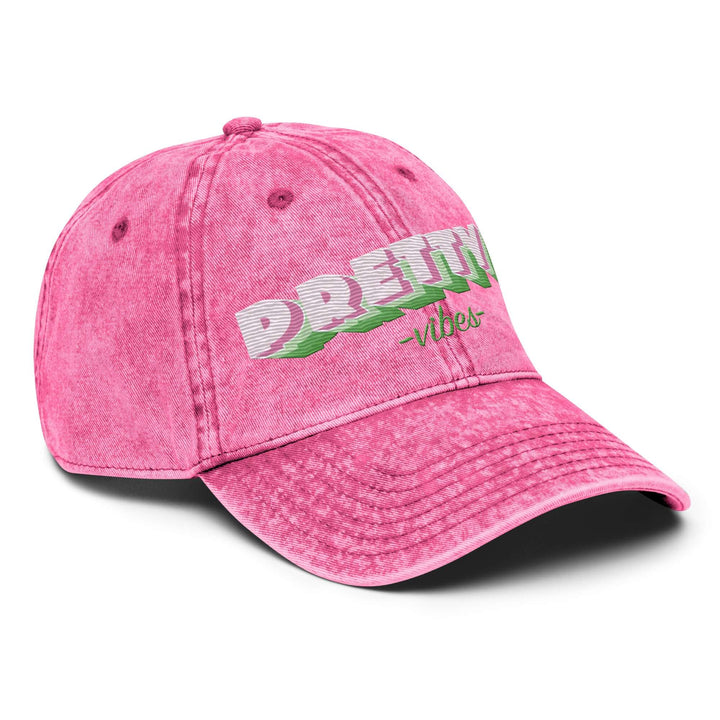Pink vintage cotton twill cap with "Pretty Vibes" embroidery, perfect for sorority and fraternity paraphernalia.