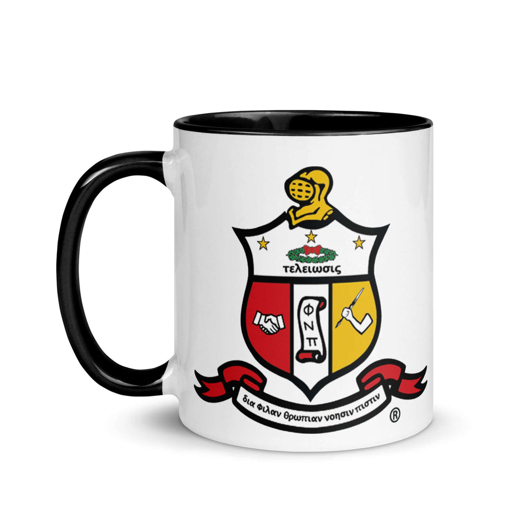 Kappa Alpha Psi Coat of Arms mug with black rim, perfect for sorority and fraternity coffee rituals.