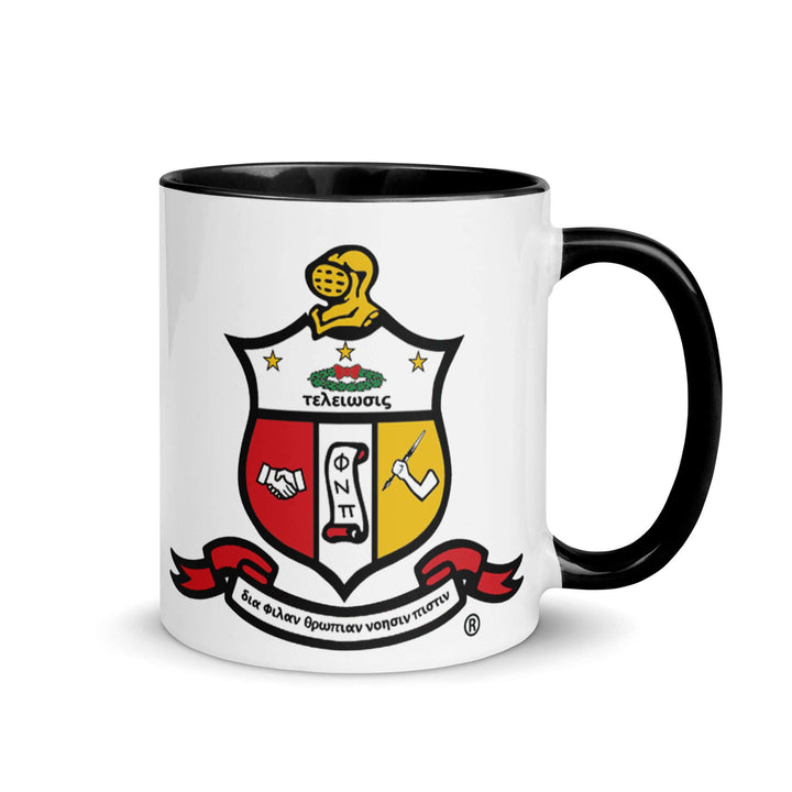 Kappa Alpha Psi Coat of Arms mug, ceramic, 11 oz, black rim, perfect for Greek sorority fraternity coffee rituals.