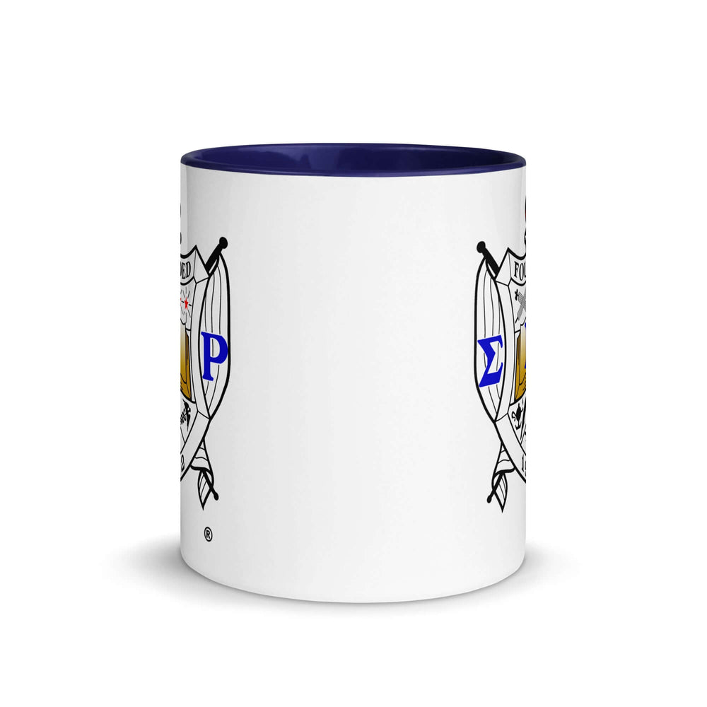 SGRho Crest Mug with blue interior, perfect for sorority and fraternity coffee rituals, showcasing vibrant design and Greek gear.