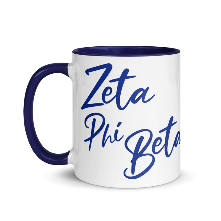 Zeta Script Mug with colorful rim, perfect sorority paraphernalia for coffee lovers and fraternity gear collectors.