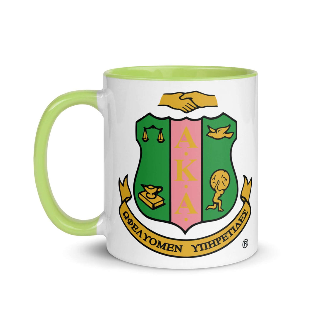 AKA Crest Mug featuring sorority colors and emblem, perfect addition to fraternity paraphernalia and Greek gear collection.