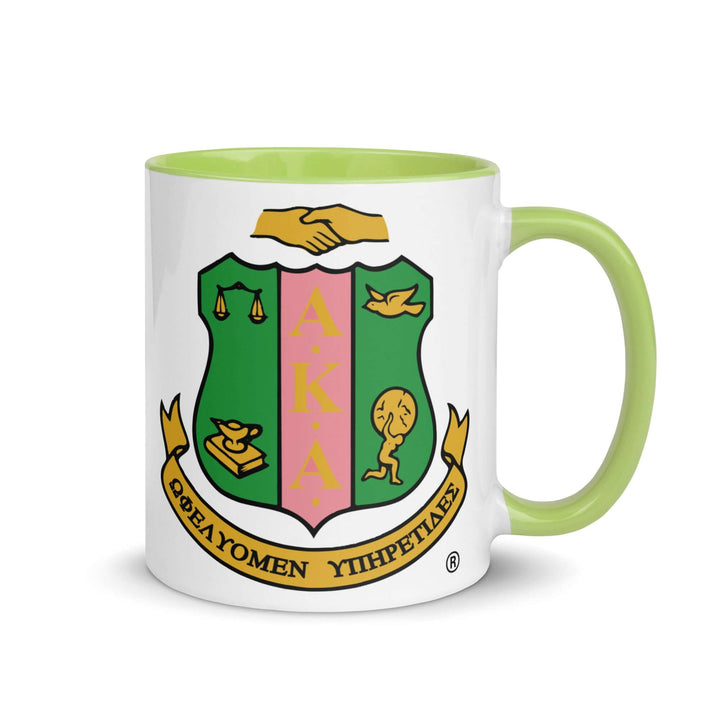 AKA Crest Mug featuring vibrant green rim, handle, and inside, perfect for sorority and fraternity paraphernalia.