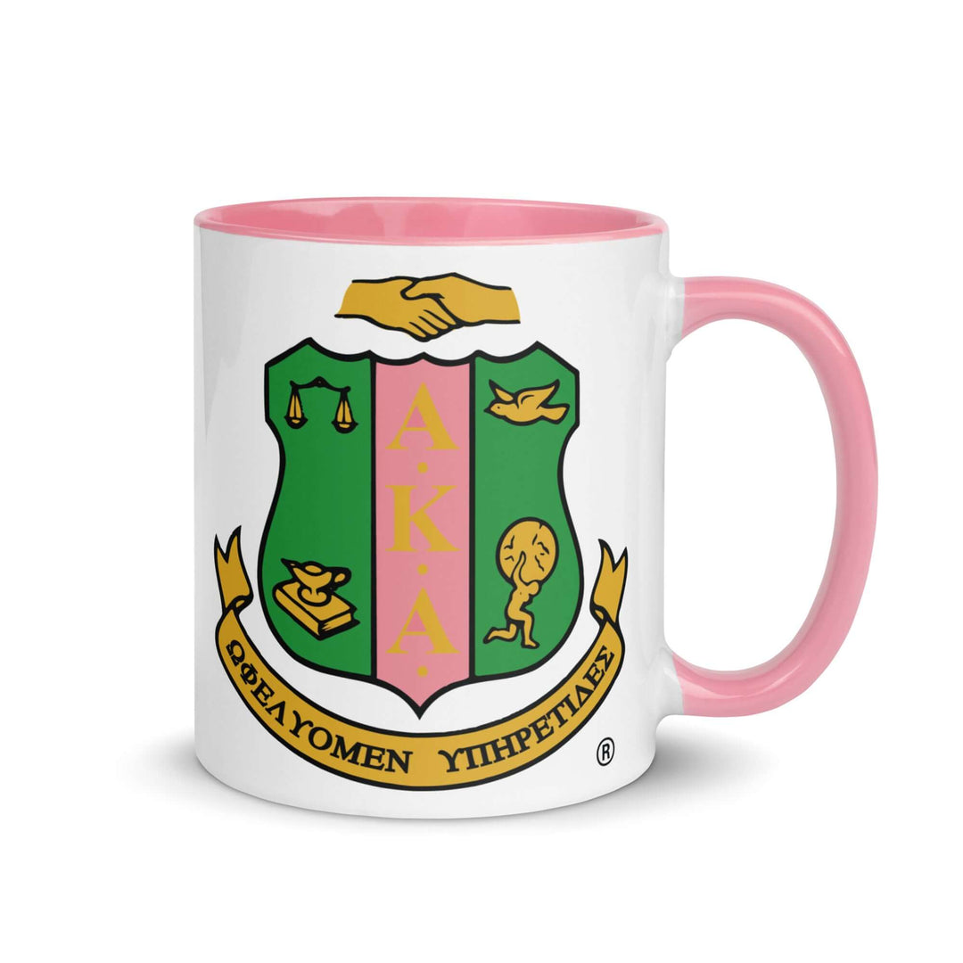 AKA Crest Mug with pink rim and handle, perfect for sorority coffee rituals and Greek gear collection.