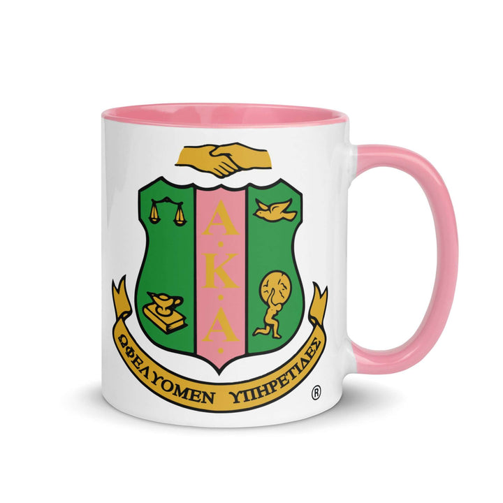 AKA Crest Mug with pink rim and handle, perfect for sorority coffee rituals and Greek gear collection.