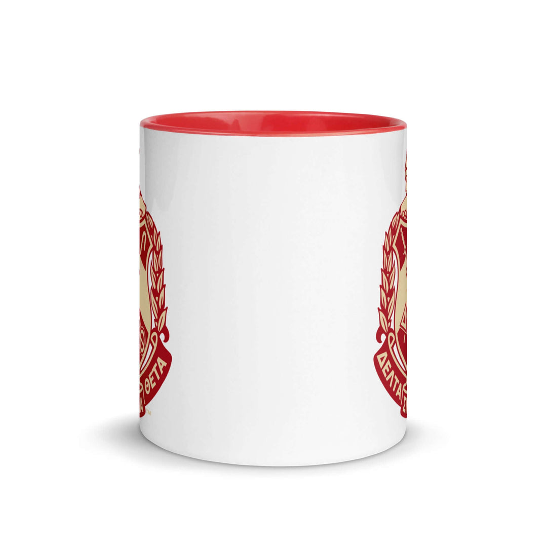 Colorful ceramic Delta Crest mug with fraternity emblem, perfect for sorority gear and coffee lovers.