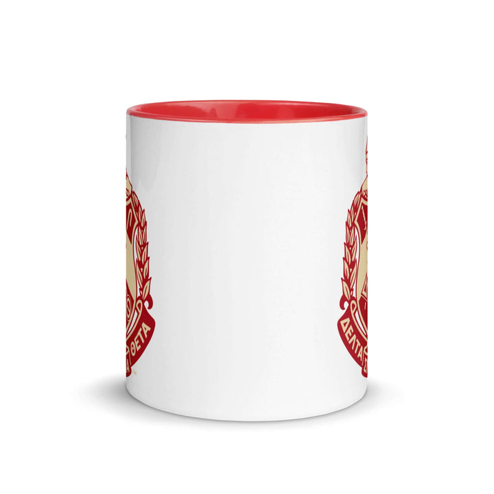 Colorful ceramic Delta Crest mug with fraternity emblem, perfect for sorority gear and coffee lovers.