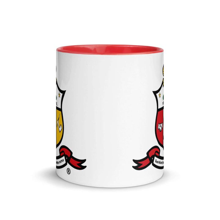 Kappa Alpha Psi Coat of Arms Mug with red rim, perfect for sorority and fraternity coffee rituals, dishwasher safe.